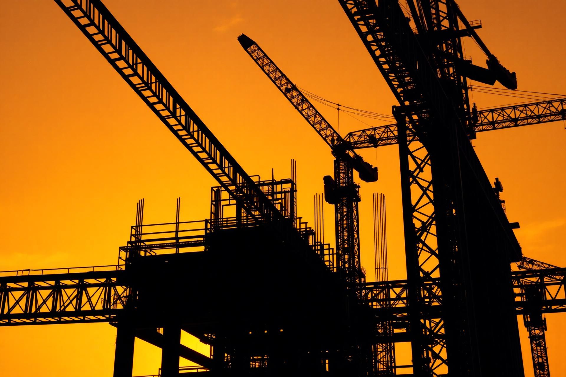 Construction site at sunset with cranes